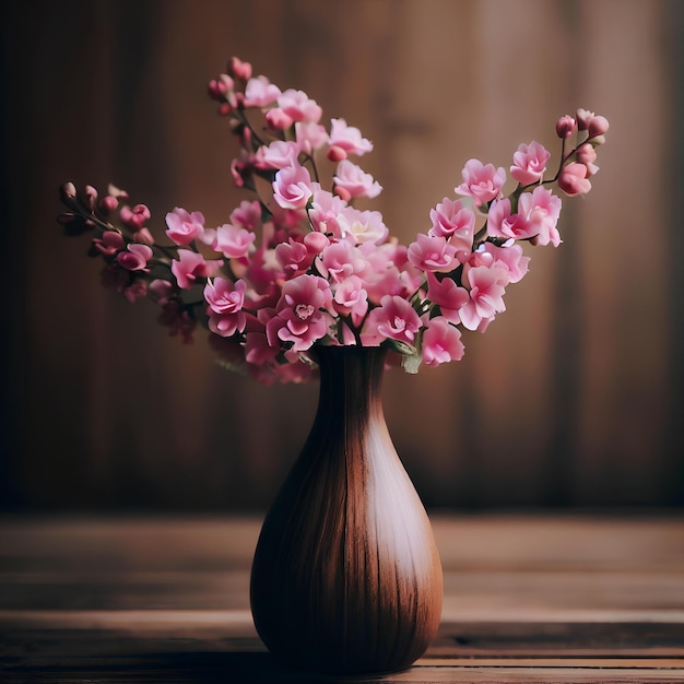 A bouquet of pink sakura flowers in vase on a wooden background spring decoration illustration