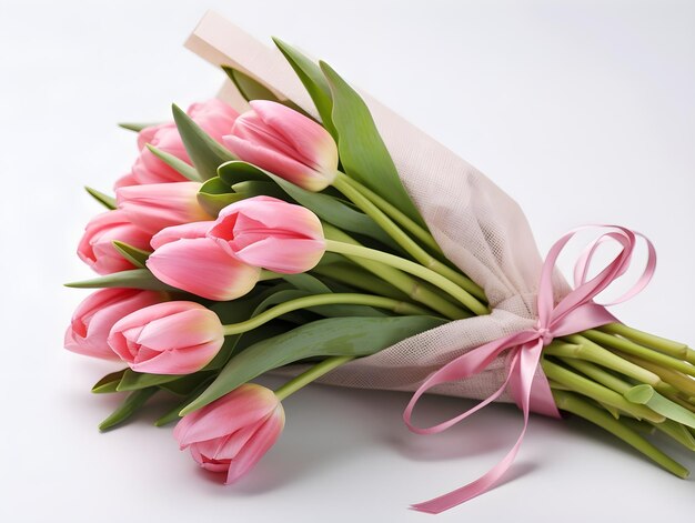 Photo a bouquet of pink tulip flowers wrapped on a white background