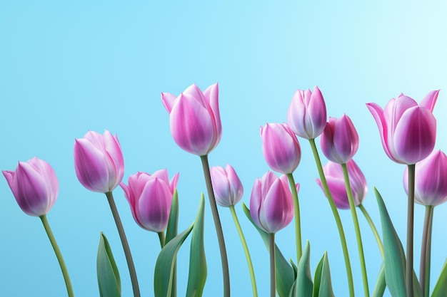 Bouquet of pink tulips on a blue background Place for text