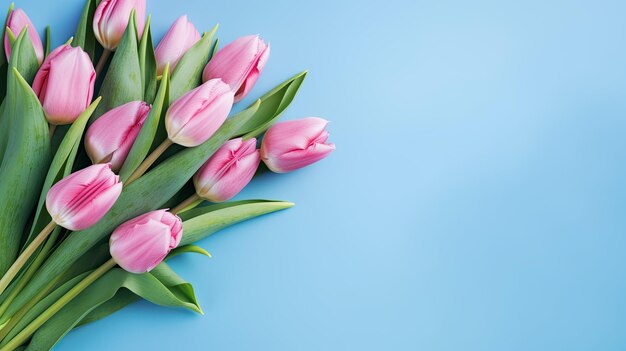 Photo a bouquet of pink tulips on a blue background