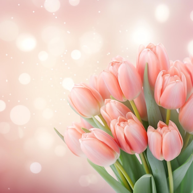 Bouquet of pink tulips on bokeh background