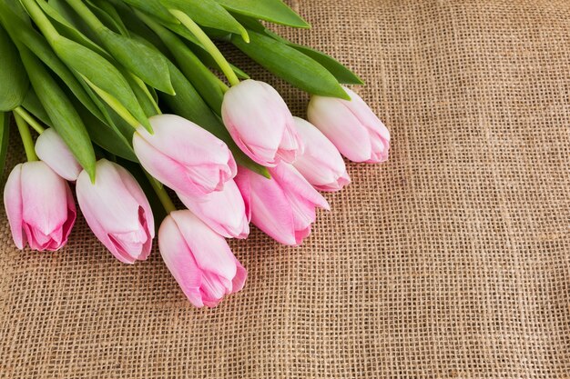 Bouquet of pink tulips on burlap background. Copy space