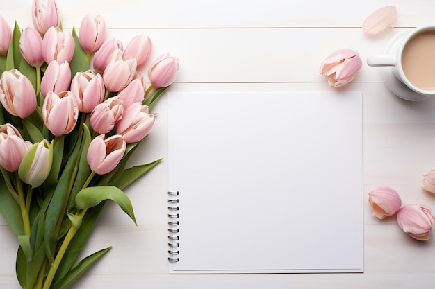 Photo bouquet of pink tulips cup of coffee and notebook on white wooden background top view