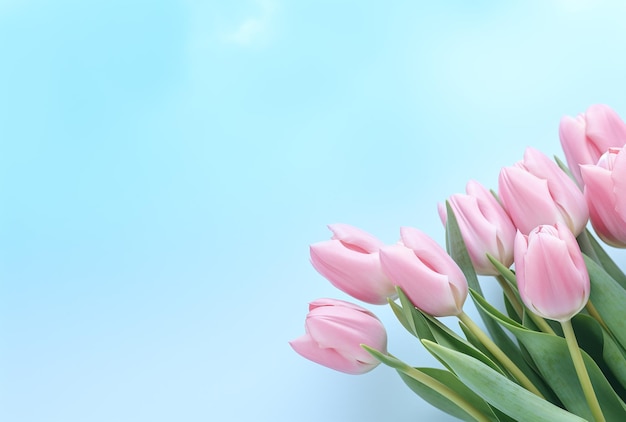 Bouquet of pink tulips flowers on pastel blue background