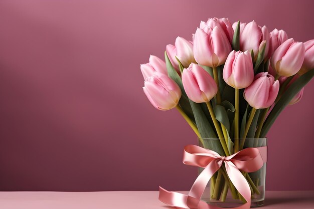 Bouquet of pink tulips and gift box on pink background