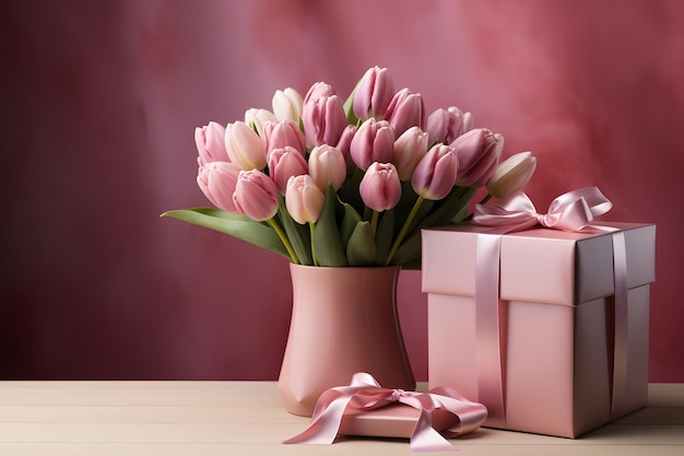 Bouquet of pink tulips and gift box on pink background