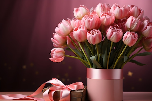 Bouquet of pink tulips and gift box on pink background