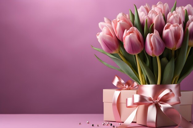 Bouquet of pink tulips and gift box on pink background