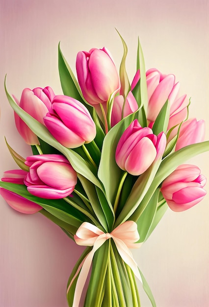 Bouquet of pink tulips on pastel background