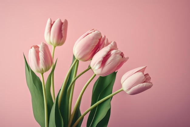 Bouquet of pink tulips on pastel pink background