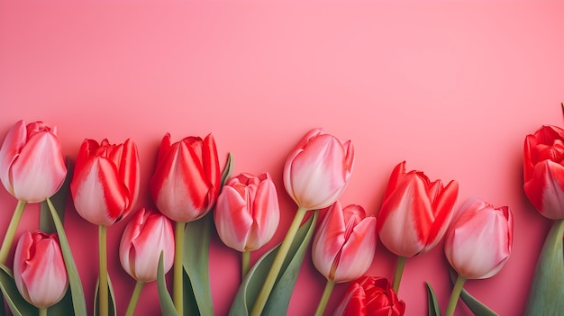 A bouquet of pink tulips on pink background with copy space