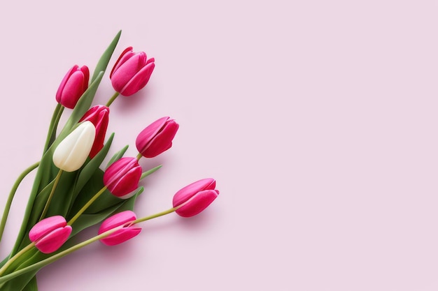 Bouquet of pink tulips on pink background