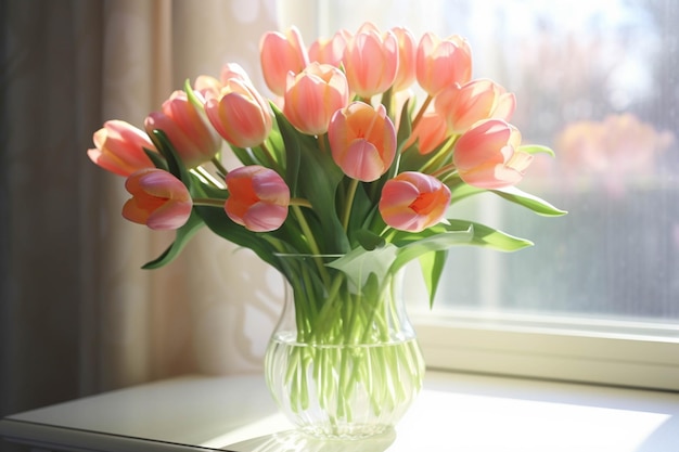 Bouquet of pink tulips in vase on light background