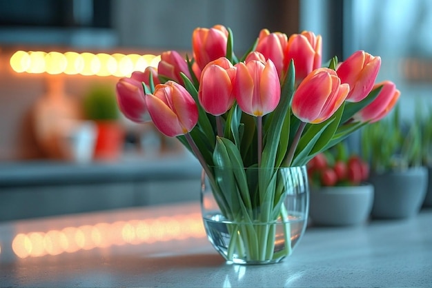 A bouquet of pink tulips in a vase on the table Spring concept