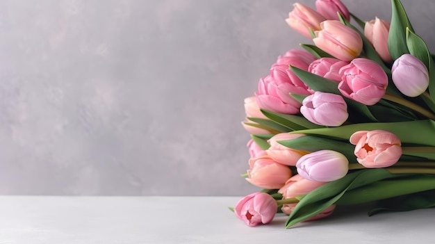 A bouquet of pink tulips on a white table