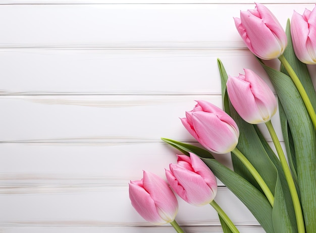 흰색 나무 바탕에 핑크 튤립 꽃다발 상위 뷰 복사 공간