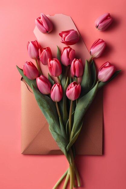 A bouquet of pink tulips with a heart shaped envelope on a pink background.