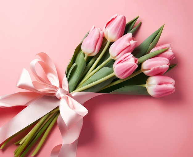 A bouquet of pink tulips with a ribbon tied around it.