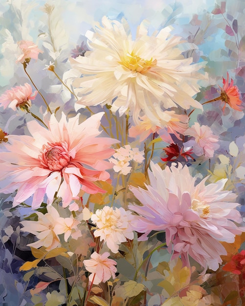 Bouquet of pink and white chrysanthemums oil painting