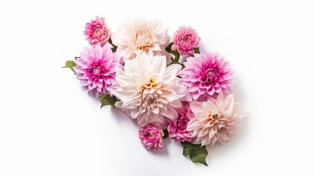 A bouquet of pink and white dahlias on a white background