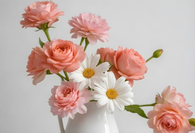 A bouquet of pink and white flowers in a white vase against a light background