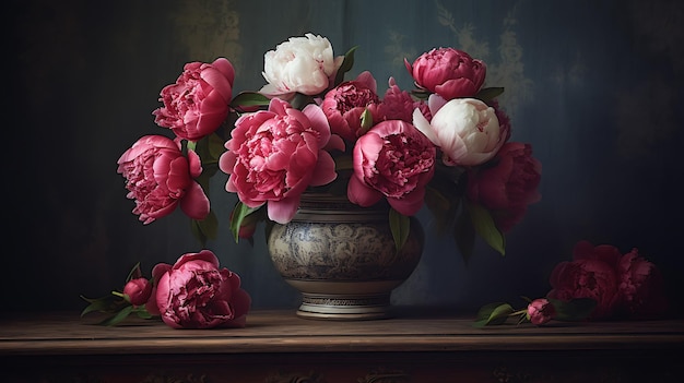 花瓶に入ったピンクと白の牡丹の花束