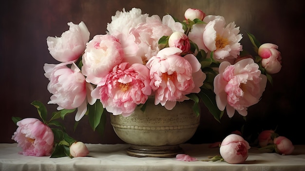 Bouquet of pink and white peonies flowers in a vase