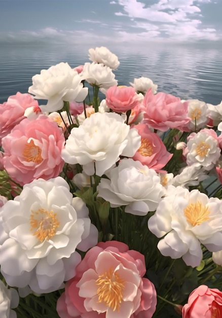 海を背景にピンクと白のバラの花束