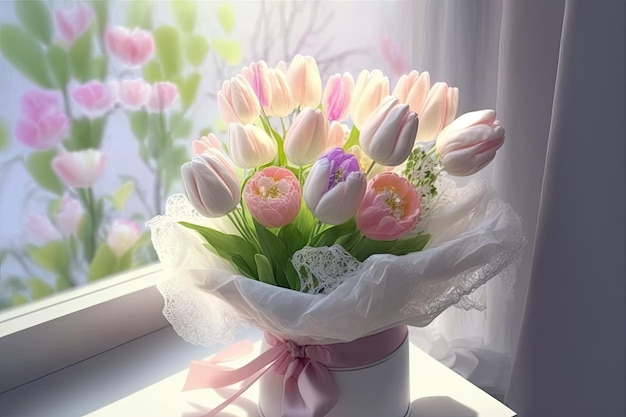 A bouquet of pink and white tulip flowers