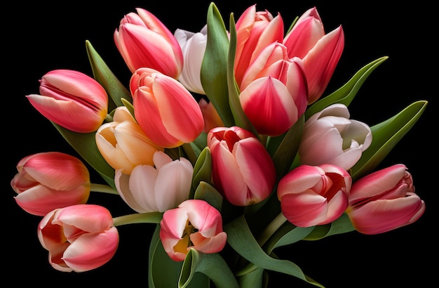 A bouquet of pink and white tulips closeup