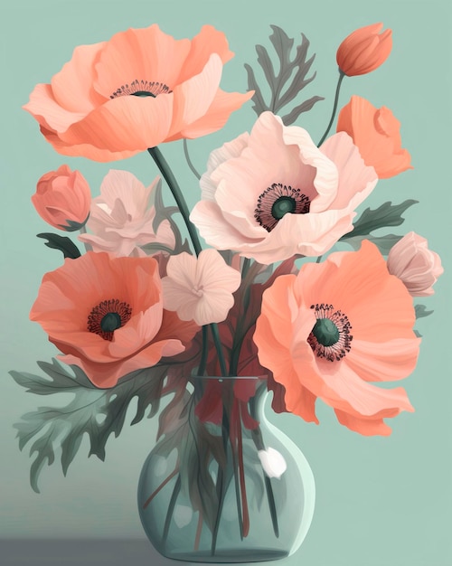 Bouquet of poppies in a vase on a blue background