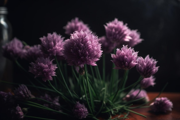 A bouquet of purple flowers in a vase