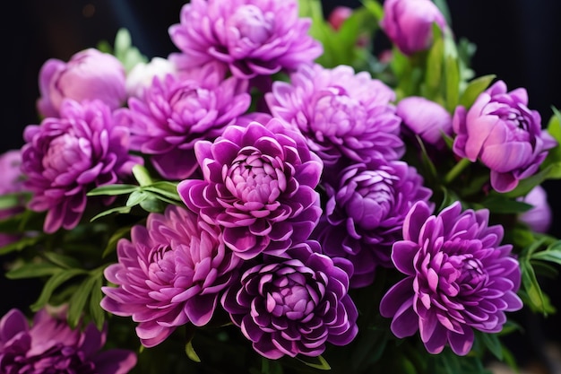 a bouquet of purple flowers with green leaves.