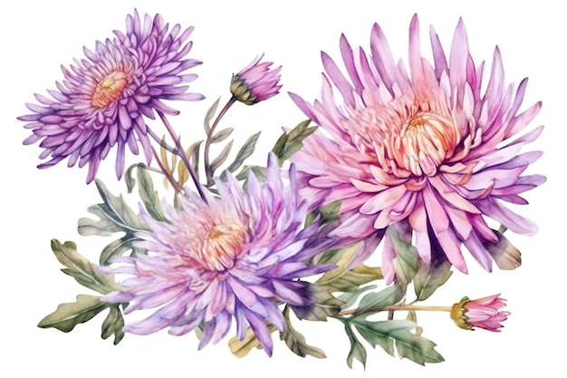 A bouquet of purple flowers with the word chrysanthemum on the bottom.