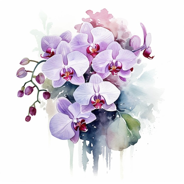 Photo a bouquet of purple orchids with green leaves