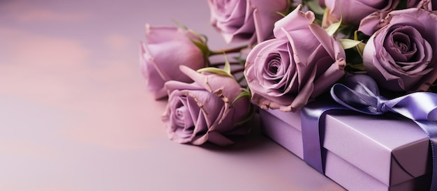 ピンクの背景に紫のバラの花束とギフト ボックス