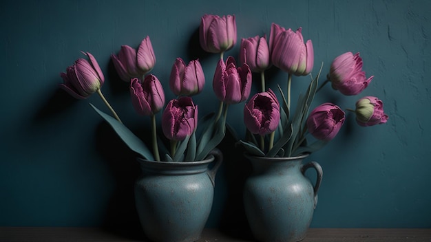 Bouquet of purple tulips in vases on a blue background