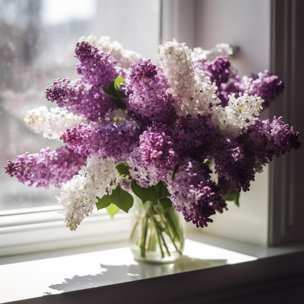 Bouquet of purple and white lilacs on the windows