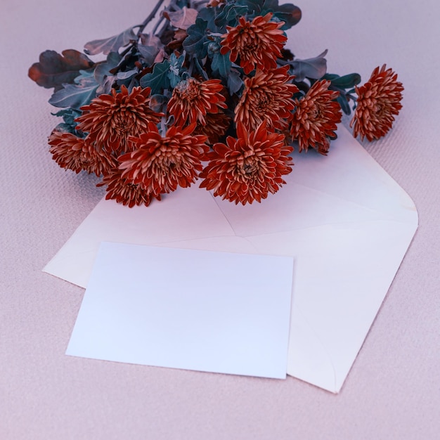 Bouquet of red autumn chrysanthemums close up with copy space