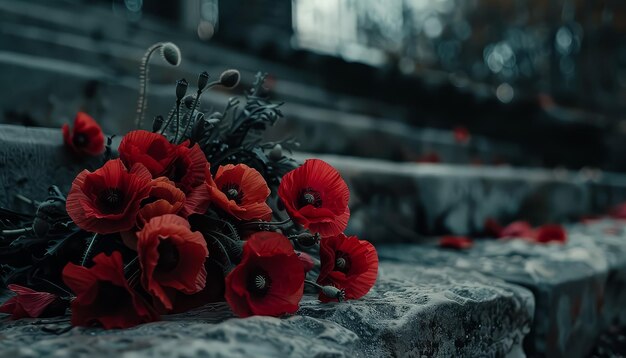 A bouquet of red flowers is sitting on a wet surface