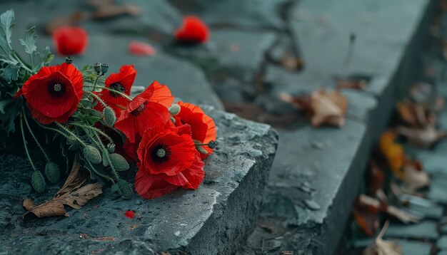 A bouquet of red flowers is sitting on a wet surface