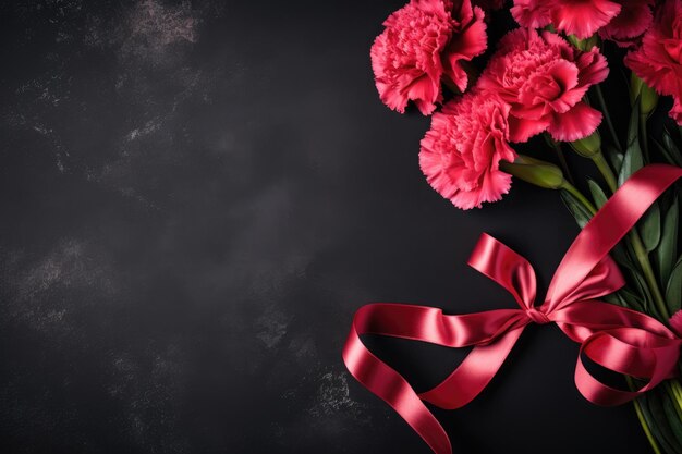 A bouquet of red flowers with a red ribbon on a black background.