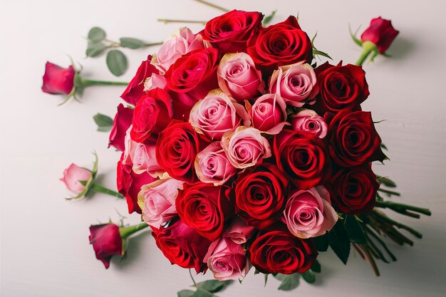 Foto bouquet di rose rosse e rosa isolate su sfondo bianco bouquet festivo