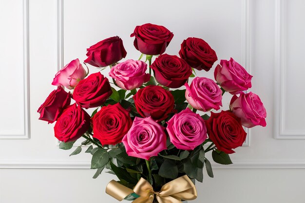 赤とピンクのバラの花束が白い背景に隔離されています 祝祭の花束
