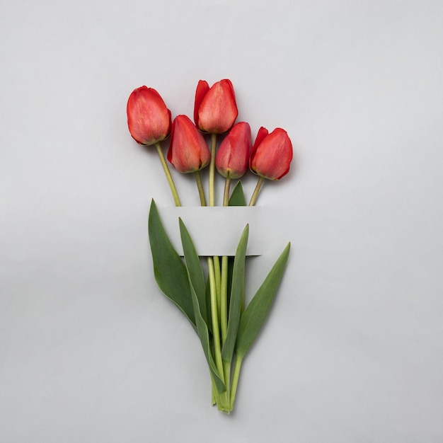 Bouquet of red or pink tulips on a grey background for an invitation to a festive event or anniversary. Minimal creative concept of spring and spring holidays. Valentine's day and mother's day.