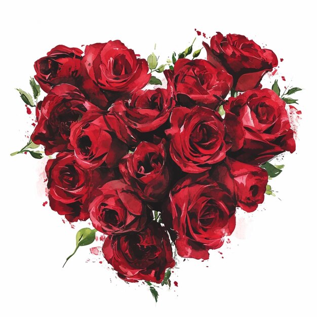 Bouquet of red roses arranged in a heart shape on a white background for Valentines Day