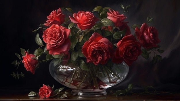 나무 테이블 생성 인공 지능에 유리 꽃병에 빨간 장미 꽃다발