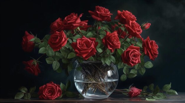 Букет красных роз в стеклянной вазе на деревянном столе.