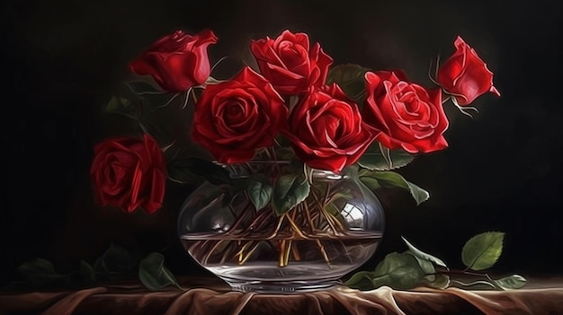 Bouquet of red roses in a glass vase on a wooden tablegenerative ai