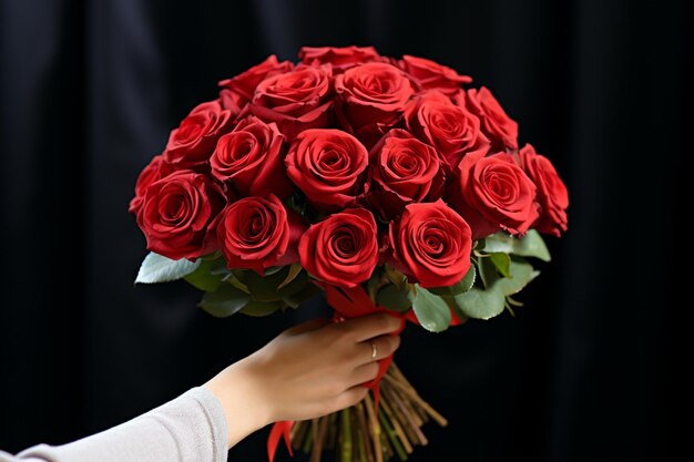 記念日やバレンタインにぴったりな赤いバラの花束を手に持つ